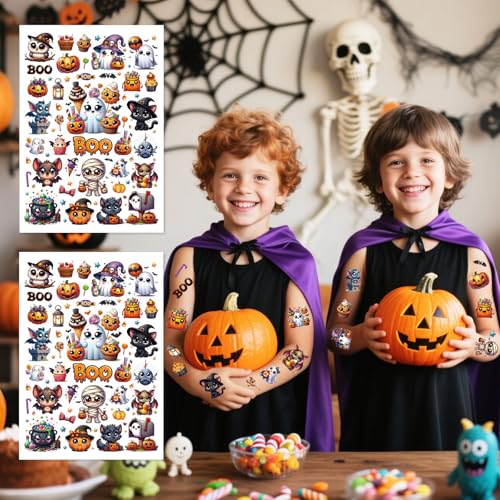 Halloween Temporary Tattoos Set - 8 Sheets 200+ Spooky & Cute Designs - Happy Boo Day Variation