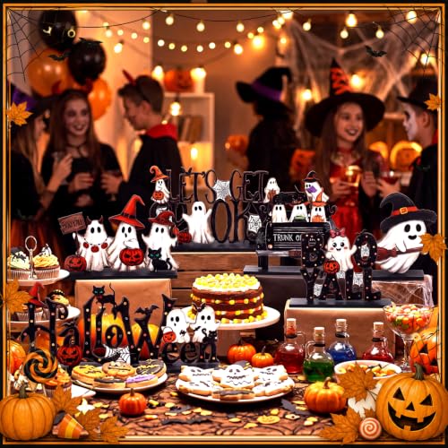 Halloween Wooden Table Decorations - 6 Pcs Spooky Centerpieces Black Variation