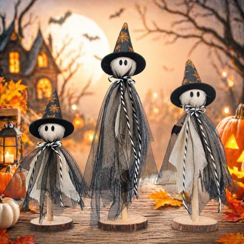 Halloween Ghost Decorations Set with Witch Hats - Rustic Wooden Shelves, Indoor Tabletop Halloween Decor