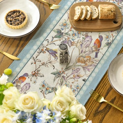 Blue Floral Table Runner - 13 x 90 Inch Spring Kitchen Decor, Seasonal Home Tablecloth