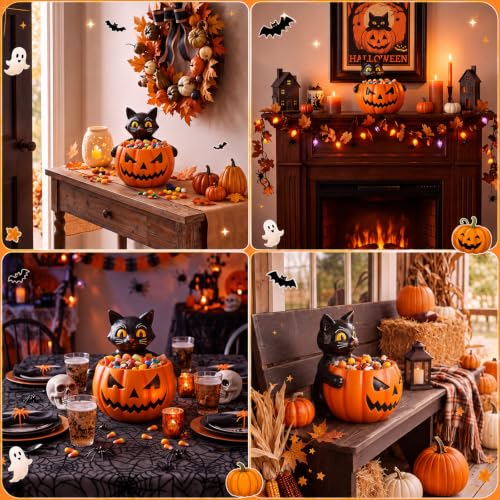 Halloween Black Cat Candy Bowl with Pumpkin Resin Decor - 5.5 Inch
