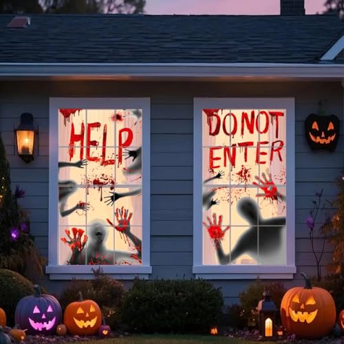 Halloween Decorations Stickers Set with Door Cover & Window Decals - Bloody Handprints & Footprints