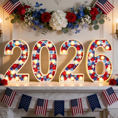Patriotic 2026 LED Number Lights for 4th of July & New Year Decorations