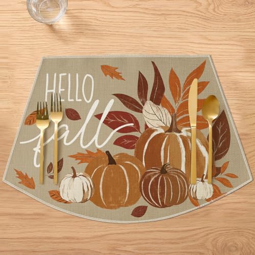 12x18 Inch Wedge Placemats Set of 4 - Hello Fall Pumpkins Decor, Khaki