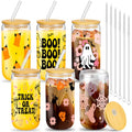 Halloween Mason Cup Set - Trick or Treat Style, 6 Glass Tumblers with Lids & Straws
