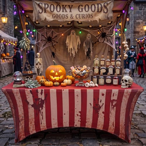 Creepy Carnival Halloween Tablecloth - Stretch Circus Spooky Decor, 6ft