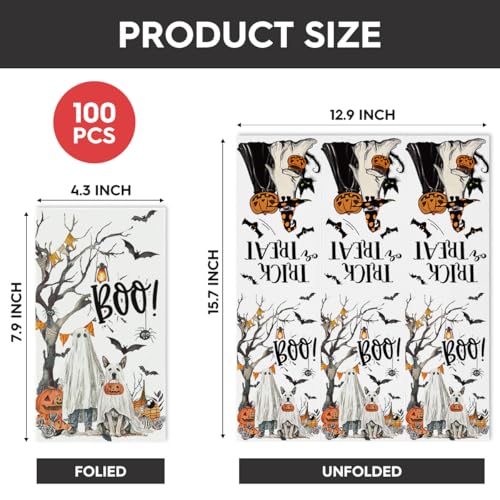 Halloween Paper Napkins 100 Pack with Jack-O-Lantern Ghost Cobweb Design - 4.3 x 7.9 Inches