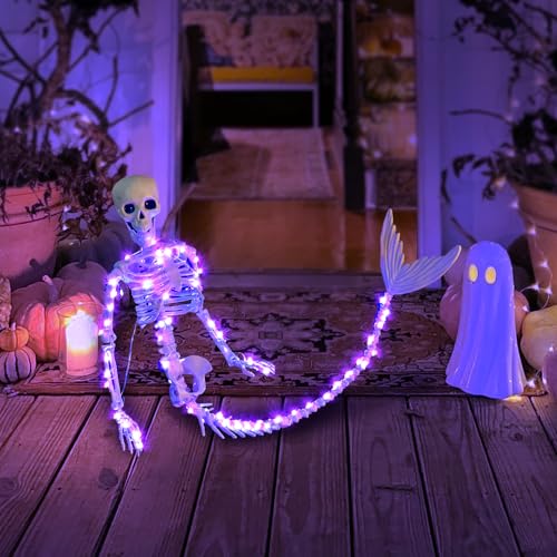 2 Pack 33-Inch Purple LED Mermaid Skeleton Halloween Decorations - Movable Posable Joints Hanging Props