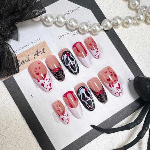 Halloween Press On Nails Almond Bloody French Tip Spider Web Ghost Set - Colorful 9