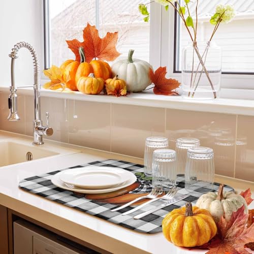 Fall Dish Drying Mat Orange Pumpkin Thanksgiving Kitchen Counter 18x24 Black Orange