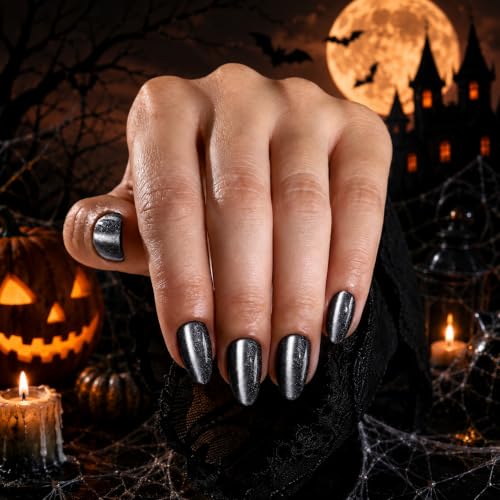 Grey Crystal Black Cat Eye Press On Nails - Medium Almond, 32 Count