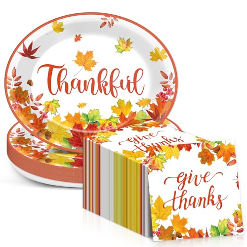 Thanksgiving Maple Leaf Paper Plates and Napkins Set - Fall Autumn Party Tableware, 50 pcs - Give Thanks