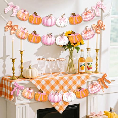 Fall Pumpkin Garland Banner with Bows – Autumn Halloween Thanksgiving Decor