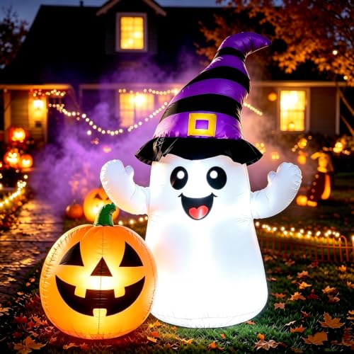 Halloween Inflatable Ghost with Pumpkin Yard Decoration - 5.5FT, LED Lights, Easy Setup - Variation of Ghost Pumpkin
