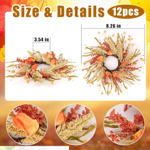 Fall Candle Ring Set - 12 Pcs 9 Inch Autumn Wreaths with Flowers for Decor - Fall Variation 12