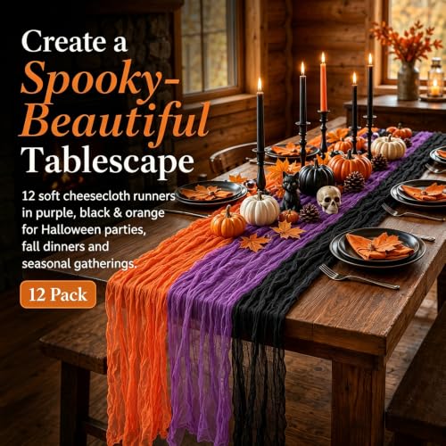 Purple Black Orange Halloween Cheesecloth Table Runners - 12 Pack for Party & Fall Decor
