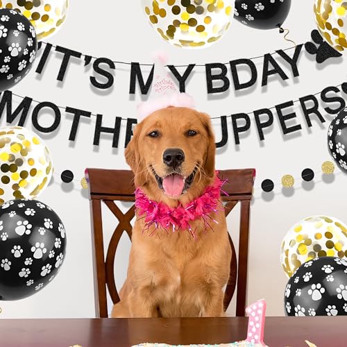 Dog Birthday Party Decorations Kit with Banner Balloons & Garland - Black & Gold