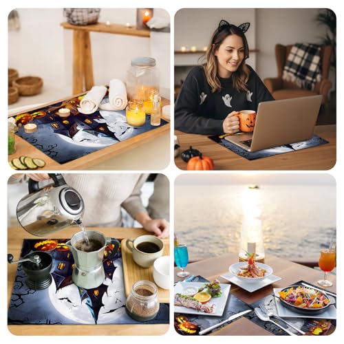 Halloween Haunted House Placemats Set of 4 - 12x18 Inch Washable Linen Table Mats with Full Moon Castle Design - Variation 0135-Moon Castle