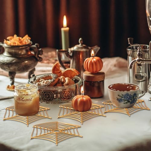Halloween Coasters Set - Metal Spider Web Brass Drink Mats, 4 Pack