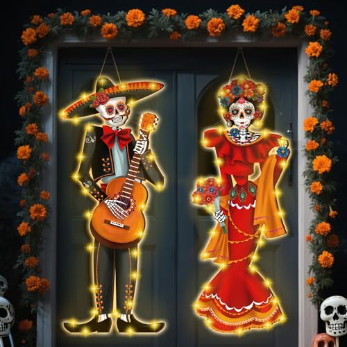 2 Pcs Dia De Muertos Porch Decorations with Wooden Skeleton Bride and Groom