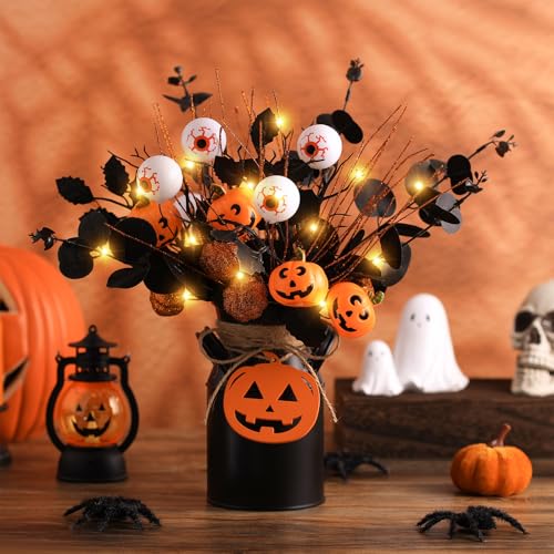 Halloween Decor Set with Artificial Pumpkins, Eyeballs, Eucalyptus Stems & String Lights - Halloween Centerpieces for Indoor Home Party - Variation of Halloween Decor