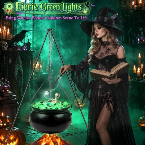 Lighted Witches Cauldron Halloween Decoration with Tripod, Spiders & Cobwebs