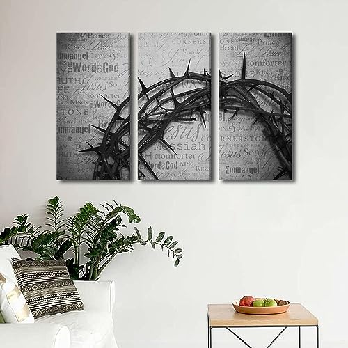 Religious Wall Art Canvas - The Holy Bible Crown Thorns, 3 Panels, 28x14 Each - Black & White Home Decor