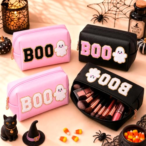 Halloween Makeup Bag Set - Black & Pink Cosmetic Pouches with Chenille BOO & Ghost Patches