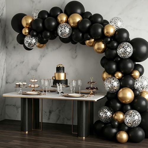 Black Latex Balloon Set - 55 Pack 12 Inch Matte Balloons with Ribbon & Dots - Variation: Black
