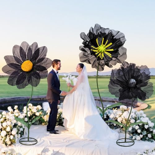 Halloween Black Giant Artificial Flowers Set of 3 - Mesh Floral Decorations