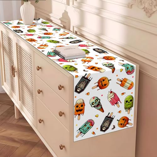 Halloween Ice Cream Party Table Runner 13x108 Inches Spooky Pumpkin Skull Decor