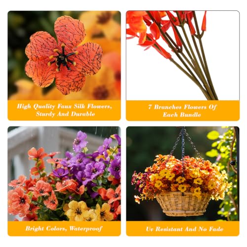 Artificial Fall Flowers for Outdoors - Faux Mums, UV Resistant, 12 Bundles - Orange