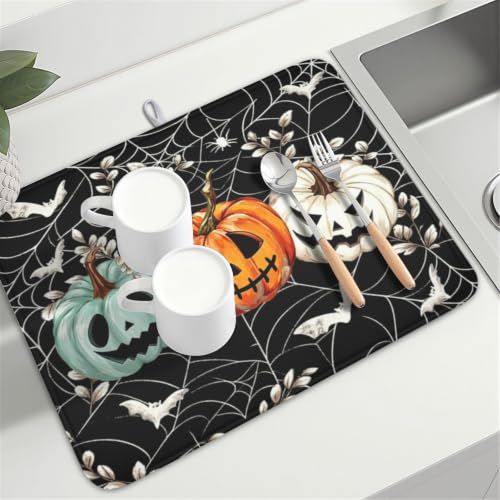 Halloween Pumpkin Dish Drying Mat 18x24 Black Spider Web Spooky Pumpkin – Variation of THIS listing