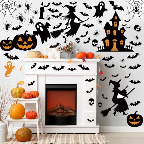 Halloween Witch Wall Sticker Decals - 6 Sheets, Spooky Ghost Bat Pumpkin