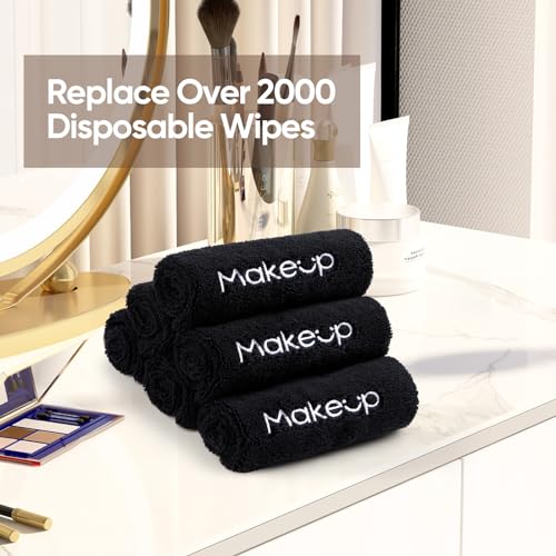 Black Makeup Remover Cloth 6 Pack - Washable Microfiber Face Towels 13x13 Inch