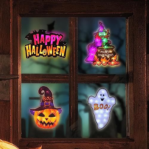 Halloween Lighted Window Silhouette Decorations 4-Pack - Jack-O-Lantern, Boo, Witch, Happy Halloween - Variation of THIS listing