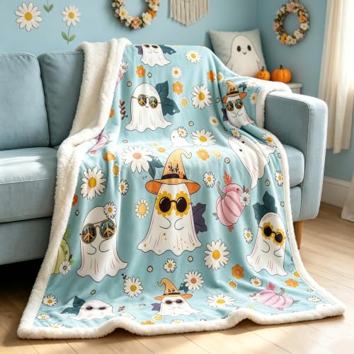 Cyan Throw Blanket for Halloween Boho Daisies & Ghost Decor 50x60