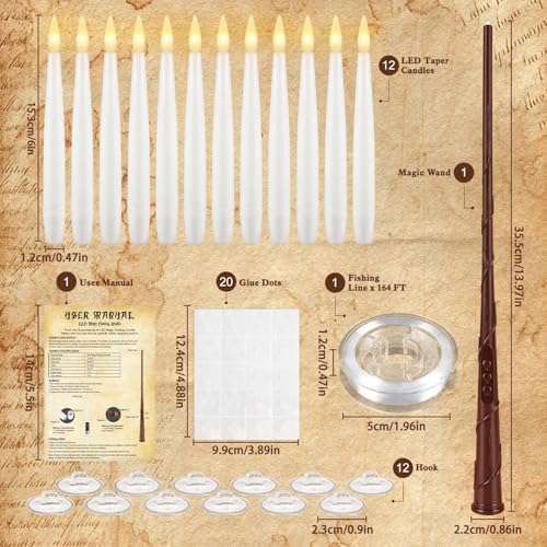 White Floating Candles with Magic Wand Remote - 12 Pack LED Taper Flickering Lights for Halloween Christmas Home Party
