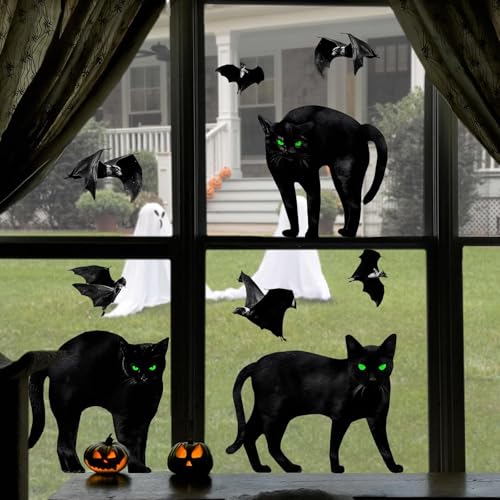 Halloween Window Clings Decor Set - 6 Large Silhouette Bats Cats Spiders