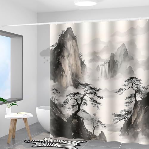 72x72 Inch Waterproof Mountain Tree Cloud Landscape Bathroom Shower Curtain with Hooks - Home Decoration