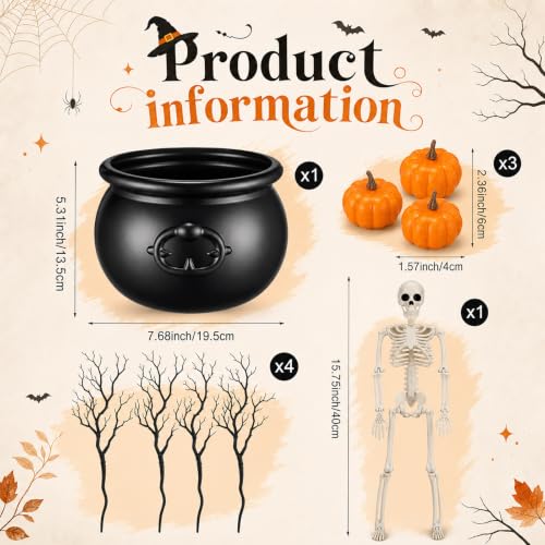 Halloween Table Centerpiece Set with Skeleton, Branches, Pumpkins and Cauldron