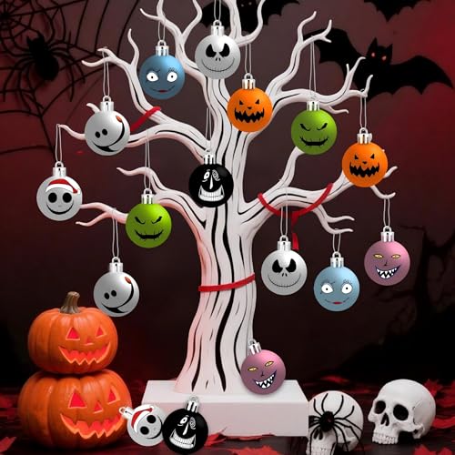 Halloween Christmas Spooky Ornament Set - 16 Plastic Holiday Balls for Tree Decoration