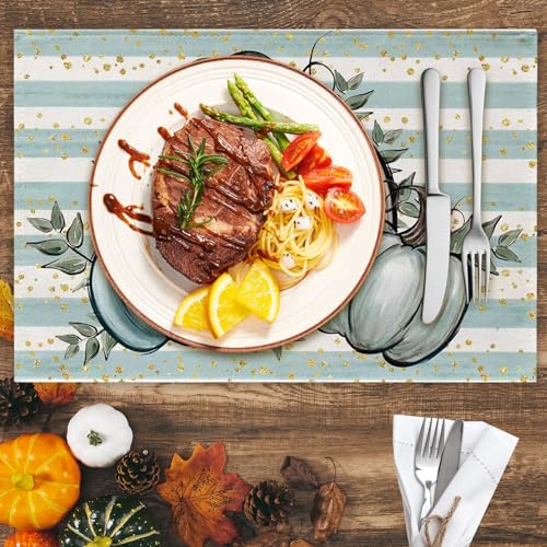 Thanksgiving Placemats Set of 4 - 12x18 Inch Pumpkin & Maple Leaf Design - Blue