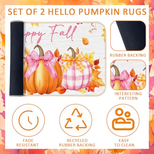 Pink Bow Pumpkin Kitchen Mats Set - Non Slip Fall Decor, 2 Sizes