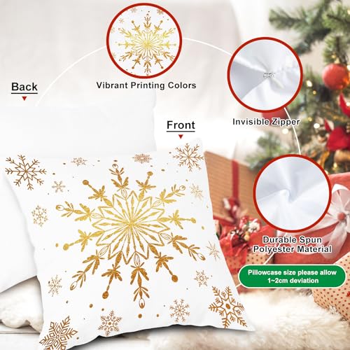 Gold and White Bronzing Christmas Throw Pillow Covers Set of 4 22x22 Inches - Holiday Cushion Cases for Home Decor
