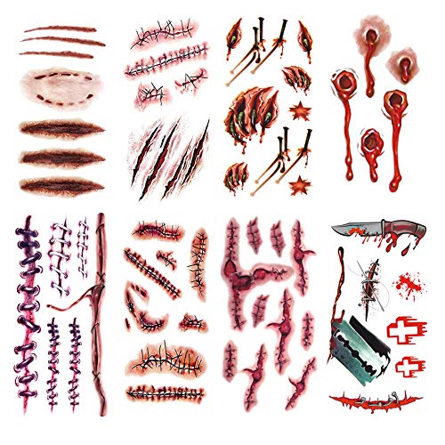 Halloween Fake Blood Wound Tattoos Set - 8 Sheets for Horror Cosplay & Party Makeup