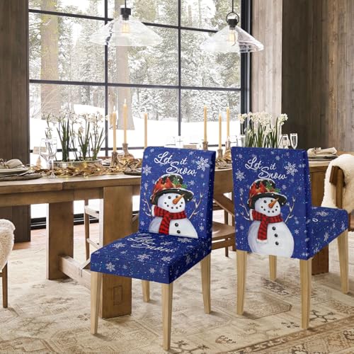 Blue Snowman Christmas Chair Covers Set - 8PCS, Durable Polyester