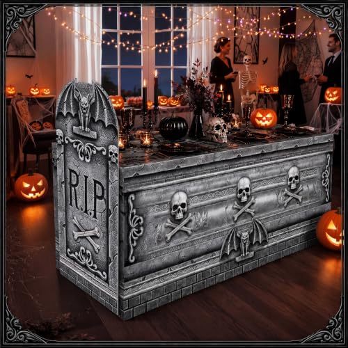 Halloween Tombstone Table Decoration Set with Cardboard Cutout & Cover - Spooky Cemetery Theme - Tombstones Variation