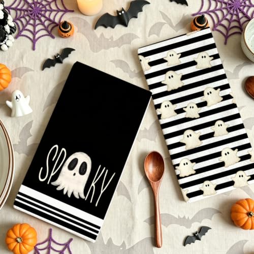 Ghost Striped Halloween Kitchen Towels - Spooky Decorative Dish Towels Set