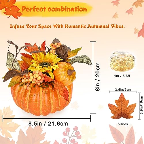 Orange Fall Decor Pumpkin Set - 2 Faux Pumpkins with Lights & Leaves